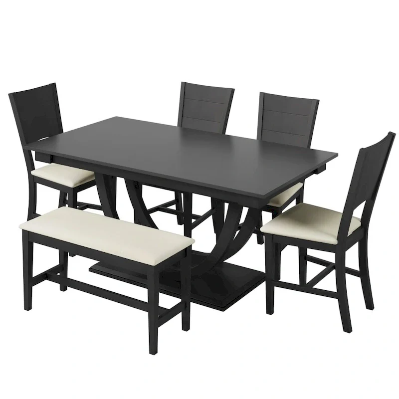 6-Piece Wood Half Round Dining Table Set Kitchen Table Set with Long Bench and 4 Dining Chairs