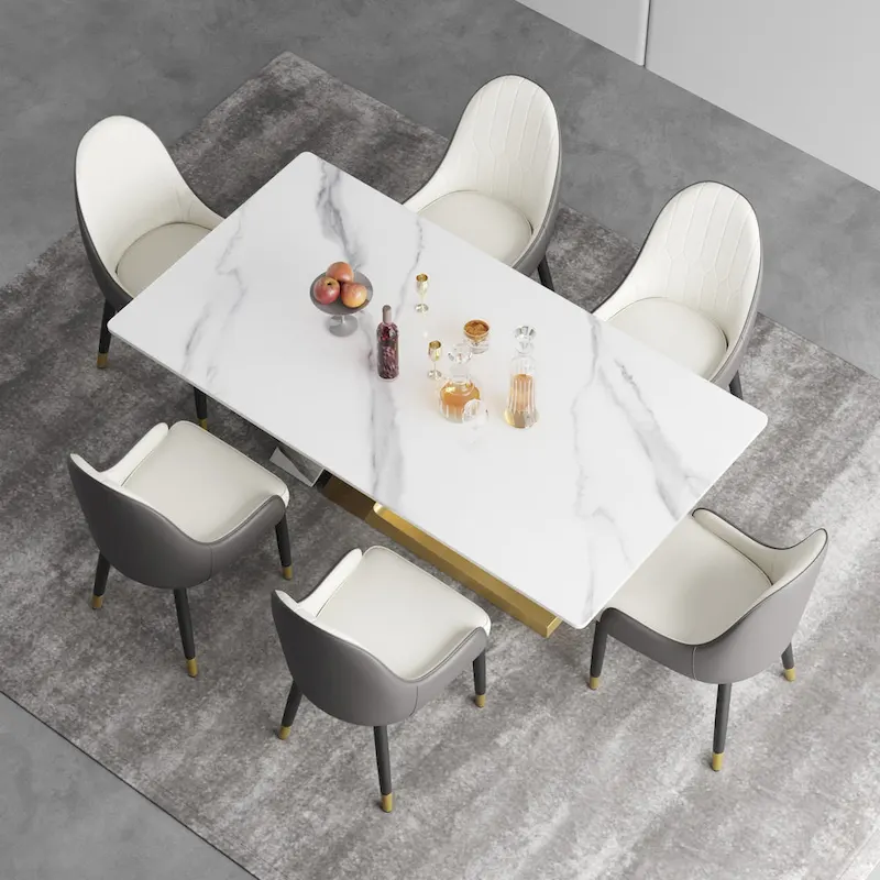 Modern Slate Kitchen Dining Table with White Rectangle Sintered Stone Top and Metal Legs -- 63/71/79
