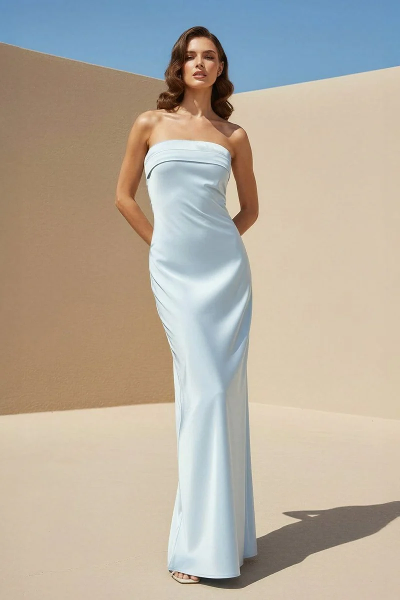 Sky Blue Strapless Sheath Satin Pleated Open Back Long Prom Dresses