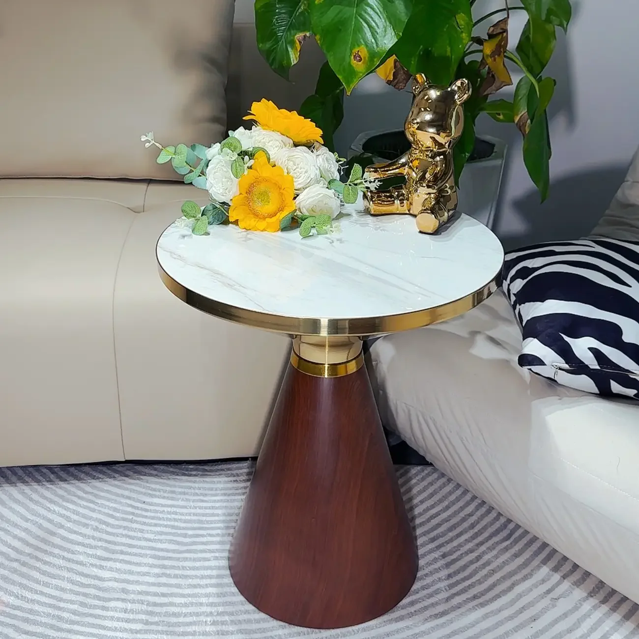 Walnut Steel Round End Table with Abstract Base