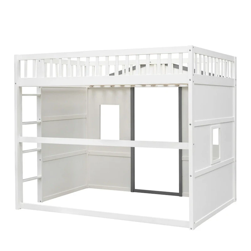 White+Gray Castle Style Solid Pine Wood Loft Bed with Ladder and Guard Rails