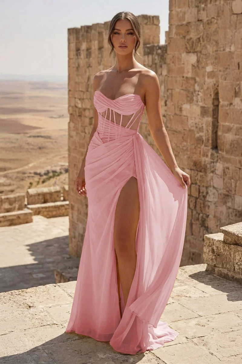 Yellow Strapless Sheath Pleated Long Prom Dresses With Slit