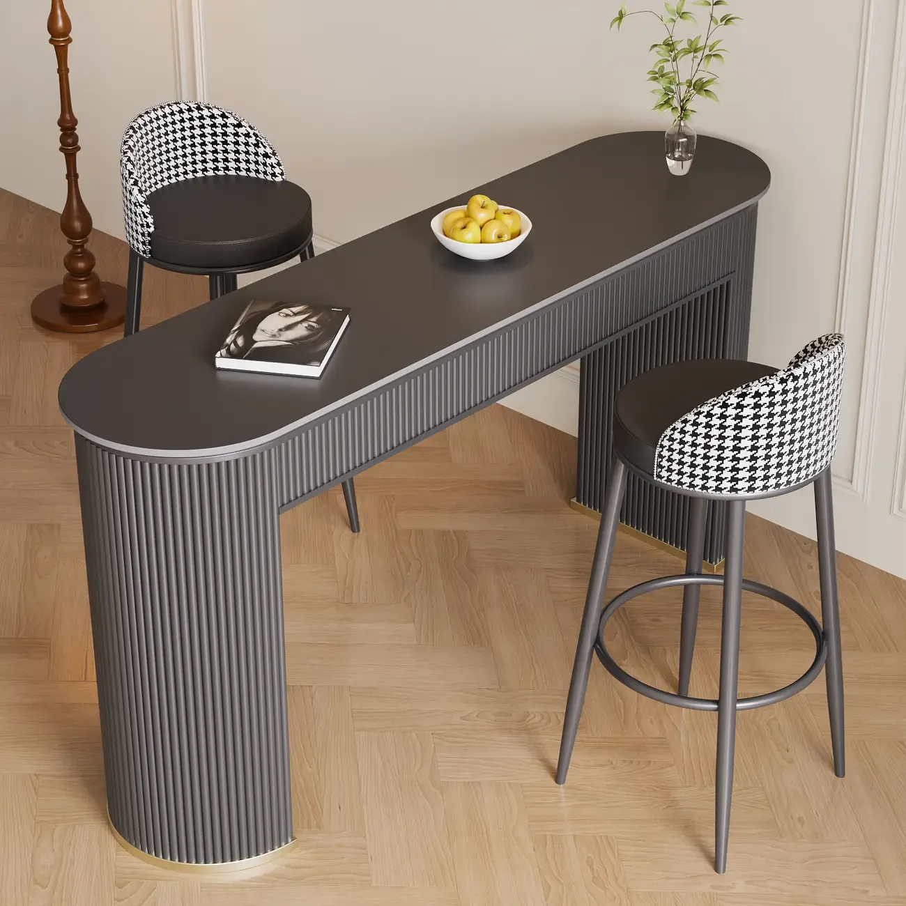 Modern White Stone Oblong Ribbed Iron Dual-Base Bar Tables