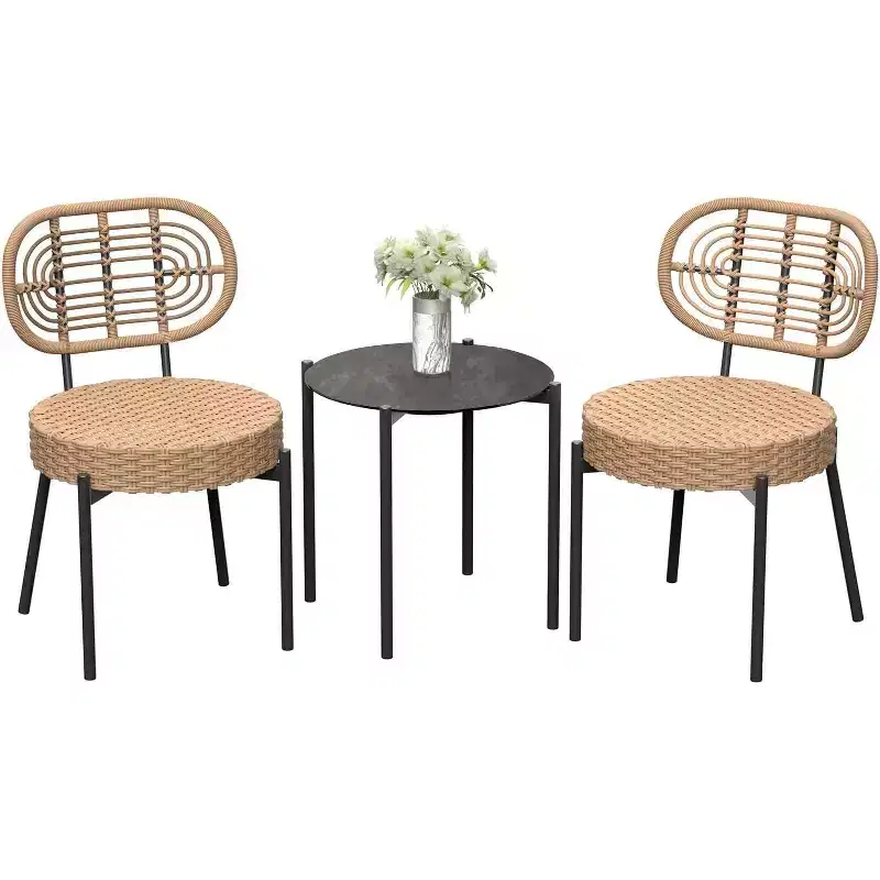 Acekool 3-Piece Wicker Bistro Set - 2 Chairs & Glass Table for Patio, Balcony & Small Spaces