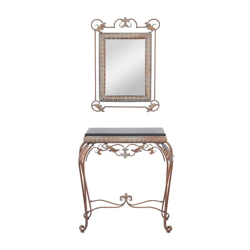 Metal Leaf Console Table with Mirror and Scrolled Legs, Bronze
