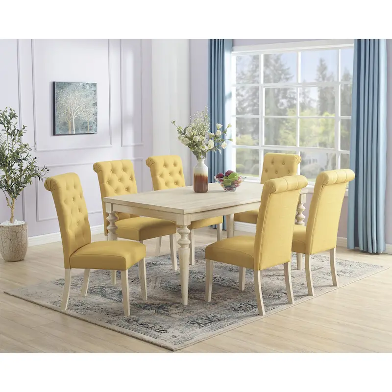 Roundhill Amonia 7-piece Dining Set, Turned-Leg Dining Table with 6 Tufted Chairs