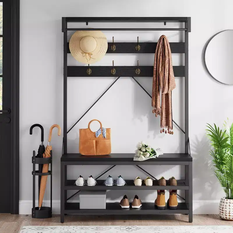 COZONY 72 Coat Rack Shoe Bench, 4-in-1 Entryway Bench with 8 Hooks & 3-Tier Storage Shelf, Freestanding Hall Tree Organizer with Wood Accent