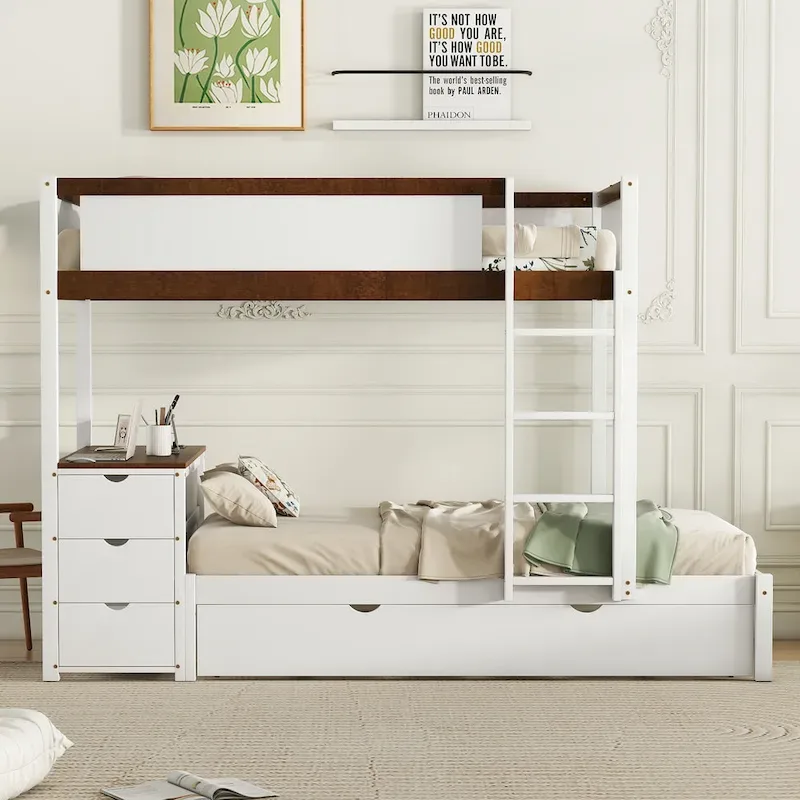 Grey / Brown / White Twin-Over-Twin Bunk Bed with Trundle, Storage & Desk – Modern Style, Sleeps 2–3