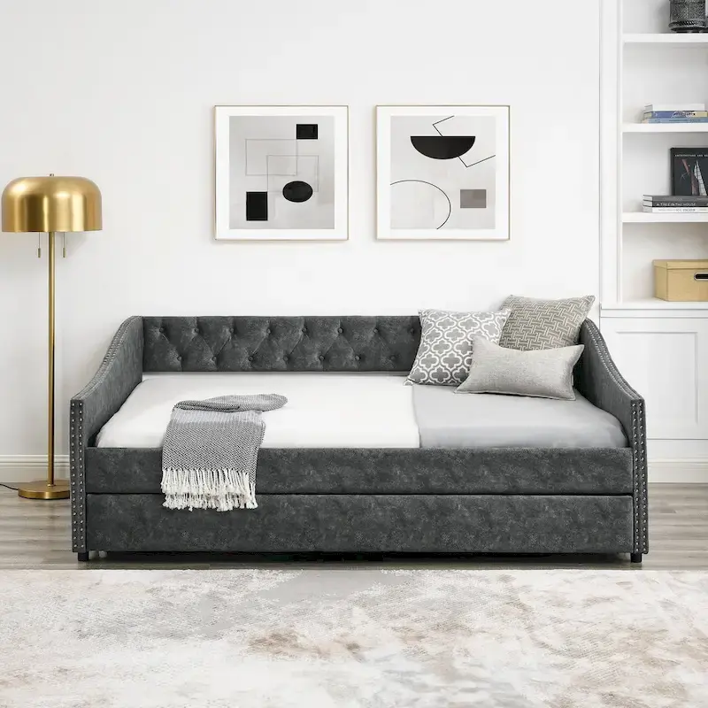 Upholstered Daybed Frame with Trundle & Tufted Backrest