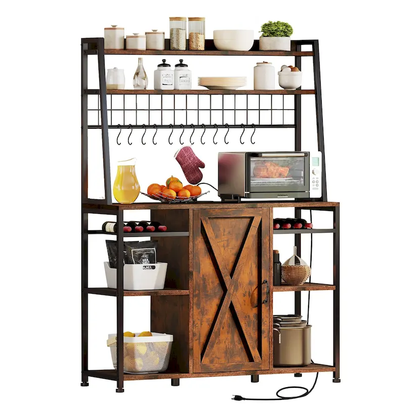 Moasis 5-Tier Kitchen Bakers Rack with Power Outlets USB Ports, Microwave Stand with Door and Shelves