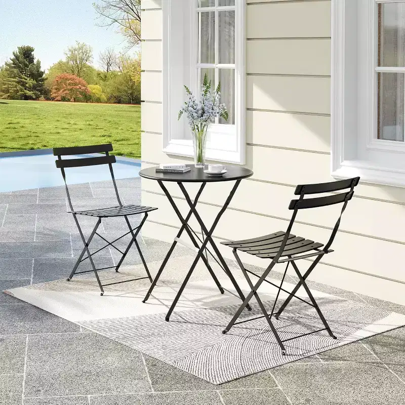 3-Piece Patio Bistro Set with Round Table & 2 Folding Chairs, for Balcony, Garden, Porch  Space-Saving Design (Flat Tube)
