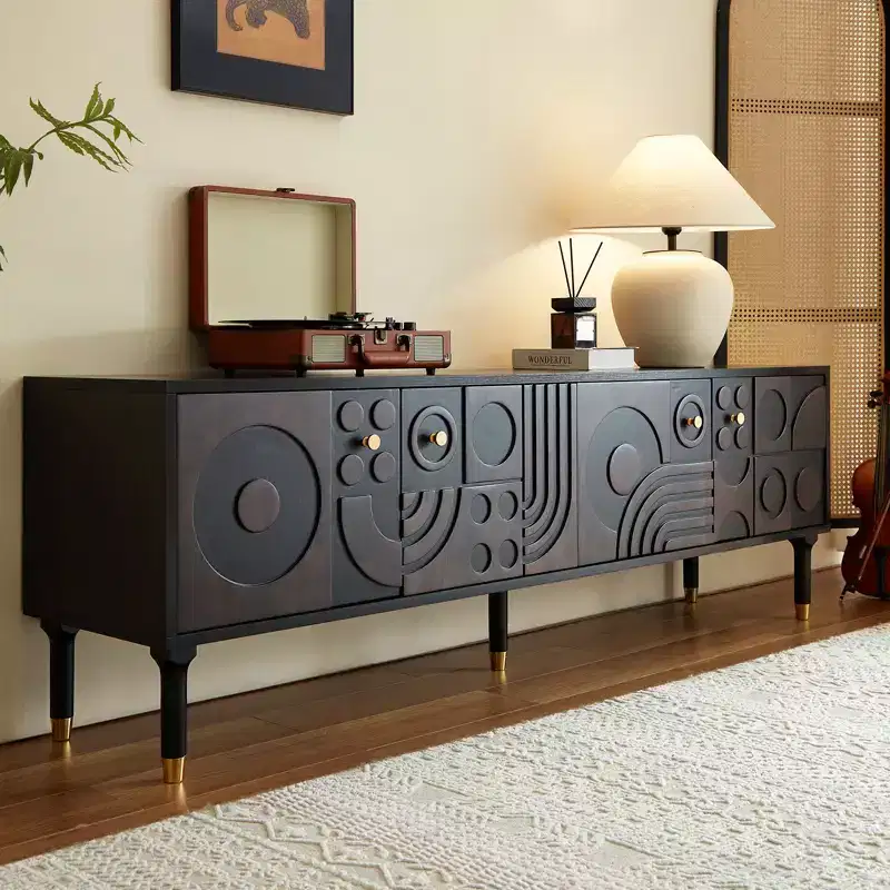 JVNOXK Mid-Century TV Stand, Modern TV Media Console with 4 Cabinets, Wood Entertainment Center for 55+ Inch TV, Minimalist TV Console for Living Room
