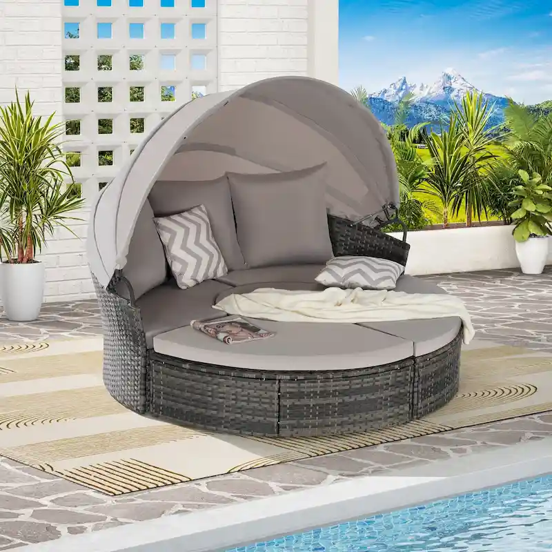 5-Piece Round Daybed Sunbed with Canopy & Removable Cushions