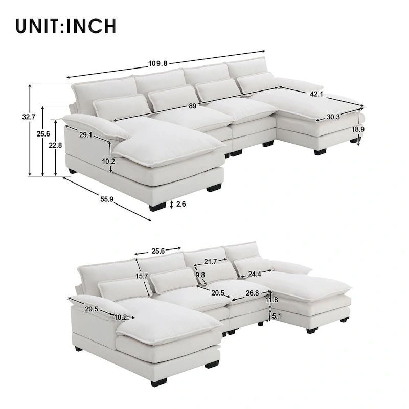 110*55 Modern U-Shaped Sectional Sofa with Waist Pillows,6-Seat Upholstered Symmetrical Sofa Furniture