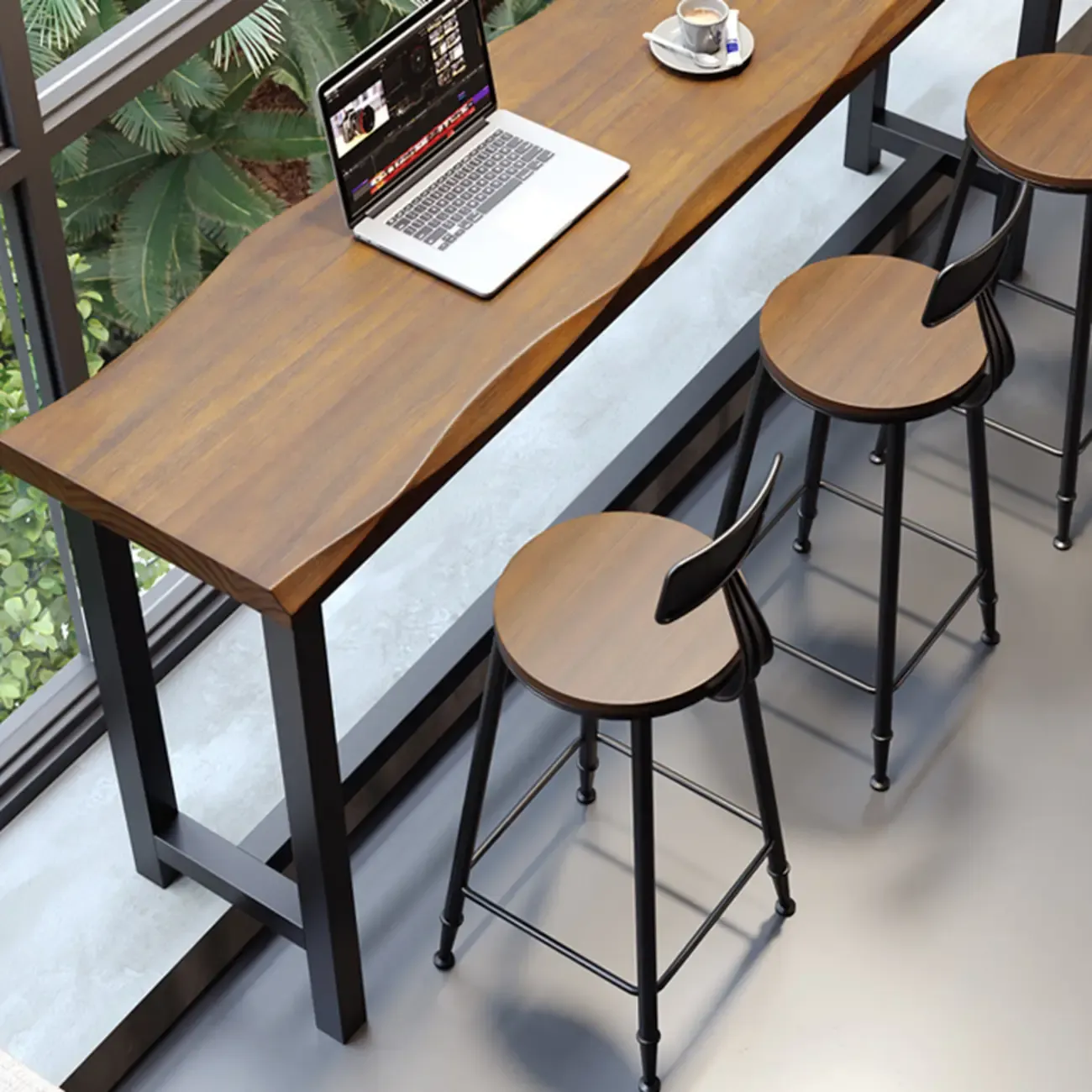 Modern Brown Wooden Grain Iron Trestle Bar Tables