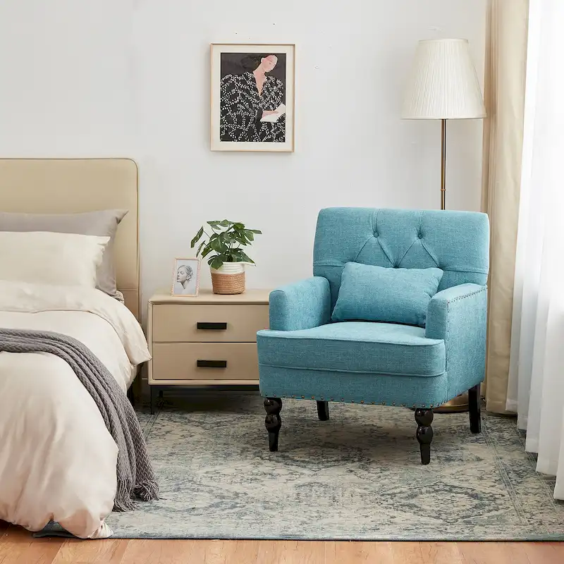 Arm Chair Upholstered Button Tufted Accent Chair with Lumbar Pillow Beige/ Grey/ Light Blue/Brown