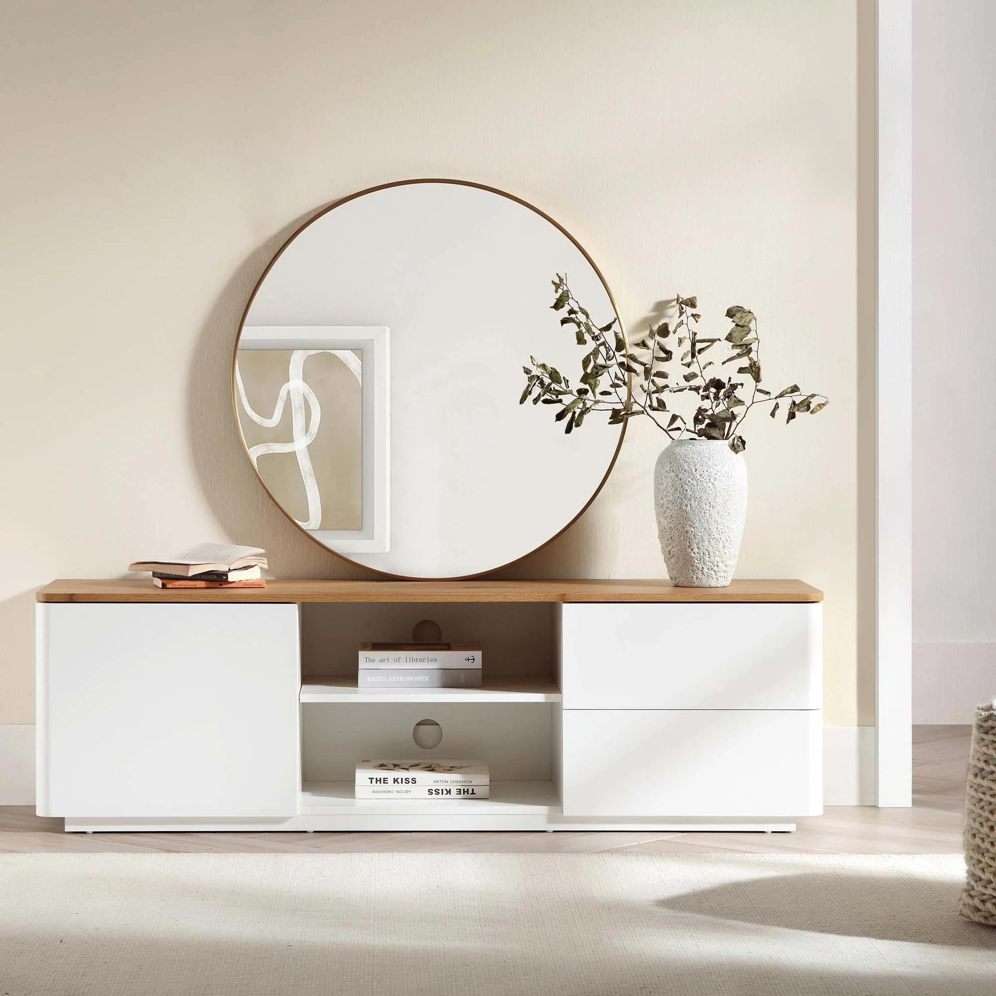 Curved Edge 59in. Wide TV Unit, Off White with Oak Top