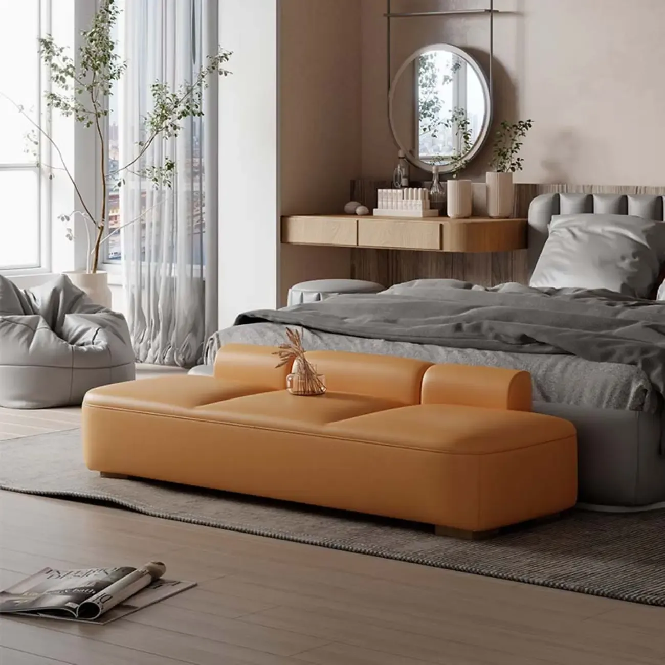 Modern Upholstered Leather Tufted Long Bedroom Bench