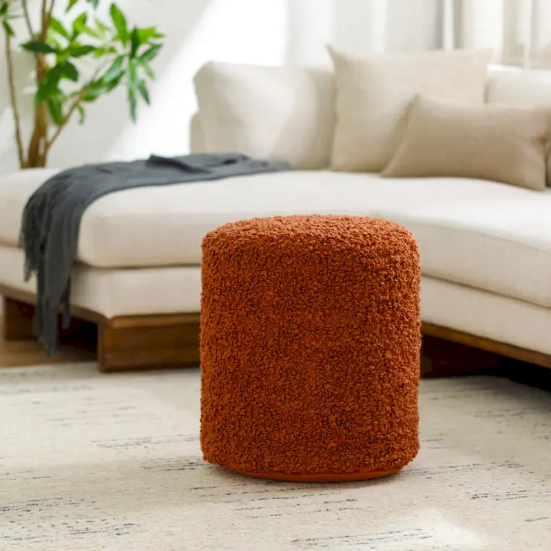 Shaggy Boucle Round Pouf – Butter / Grey / Ivory / Rich Brown, Seats 1