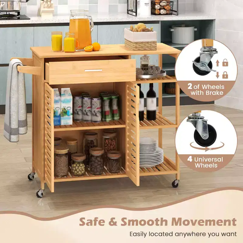 Natural Bamboo Kitchen Island Cart with Drawer, Cabinet & Lockable Wheels (1-Person Assembly)