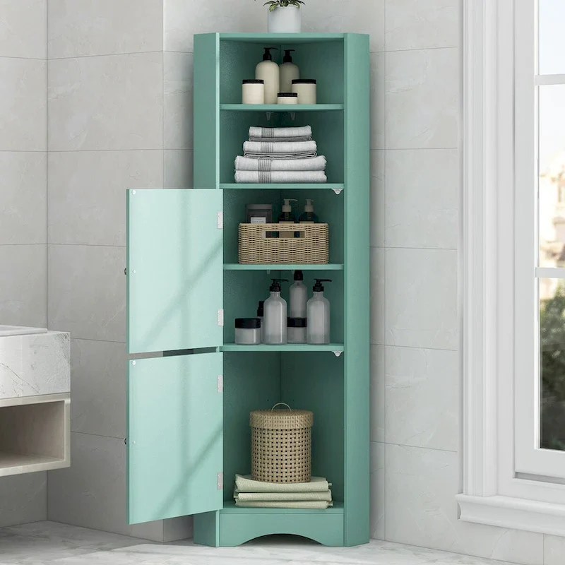 Green Corner Storage Cabinet, Wood Finish, 2 Doors & Adjustable Shelves, 1-Person Assembly