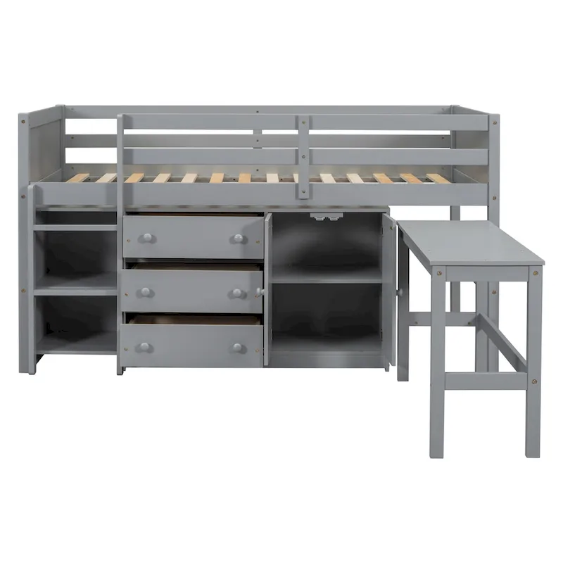 White Twin Low Loft Bed with Desk, Storage & Shelves – 1-Person