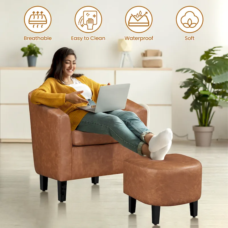 Accent Chair Faux Leather Club Chair and Ottoman Set