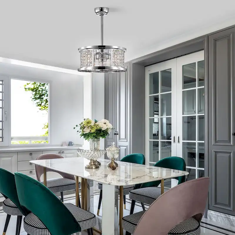 Kellan Chrome Ceiling Fan19-Inch 4-Light Geometric Metal & Crystal Drum Shade (Includes Remote)