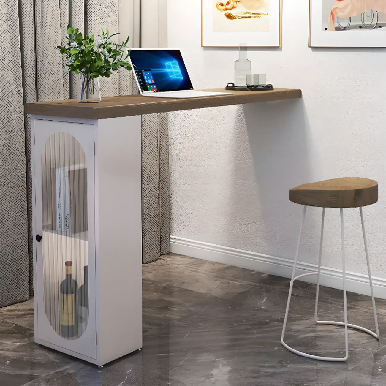 Modern Natural Wood Bar Table Metal Base with Side Cabinet