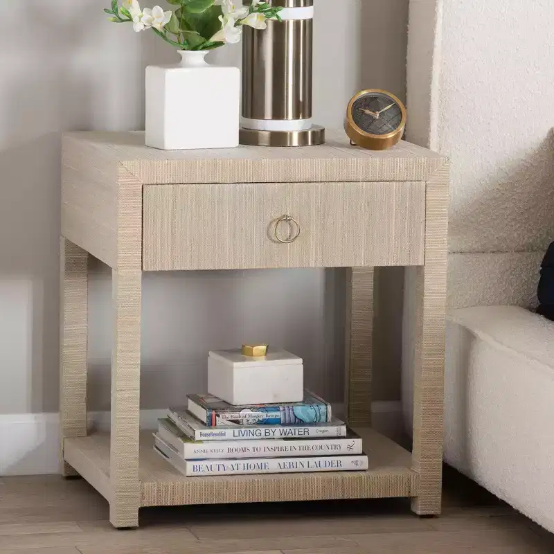 bali & pari Nata Bohemian Woven Natural Grasscloth 1-Drawer Nightstand