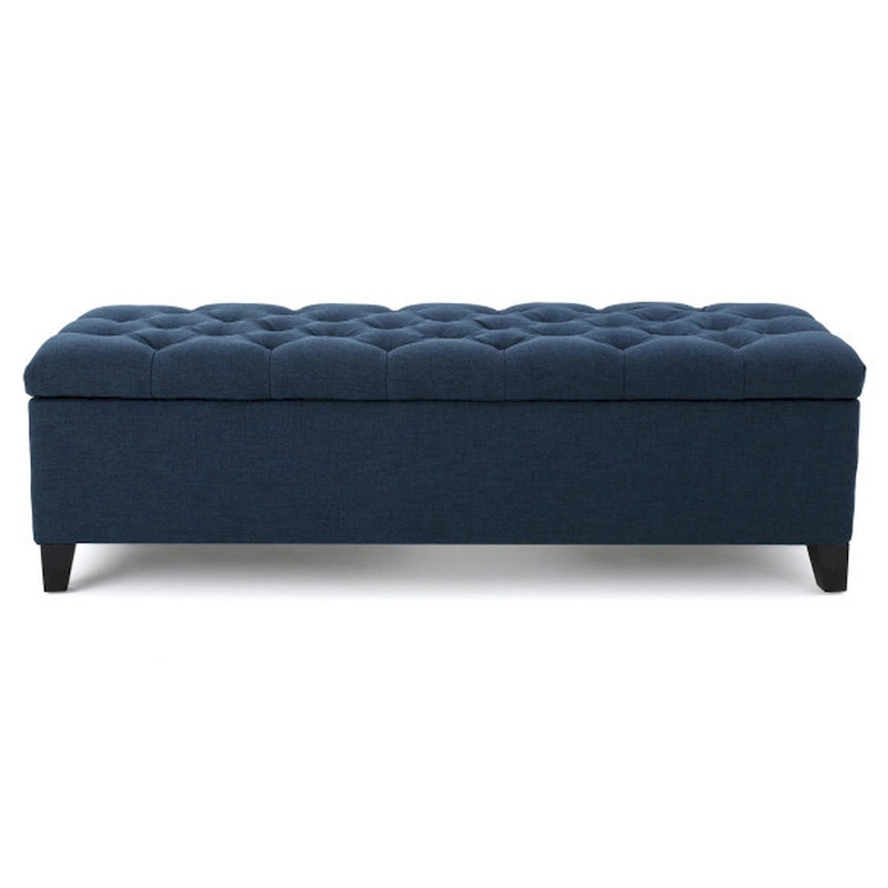 Elias Storage Bench, 51 Inch Button Tufted Blue Velvet, Solid Wood