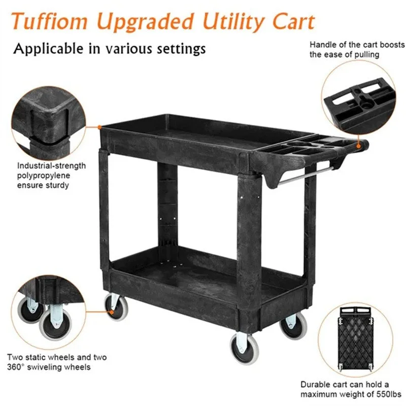 2 Tier Large 550lbs Capacity Shelf Plastic Utility Cart with Wheels Black