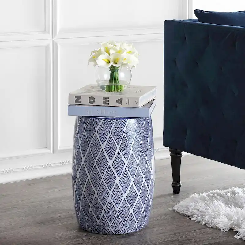 Moroccan Diamonds 18 Ceramic Drum Garden Stool, Blue by JONATHAN Y