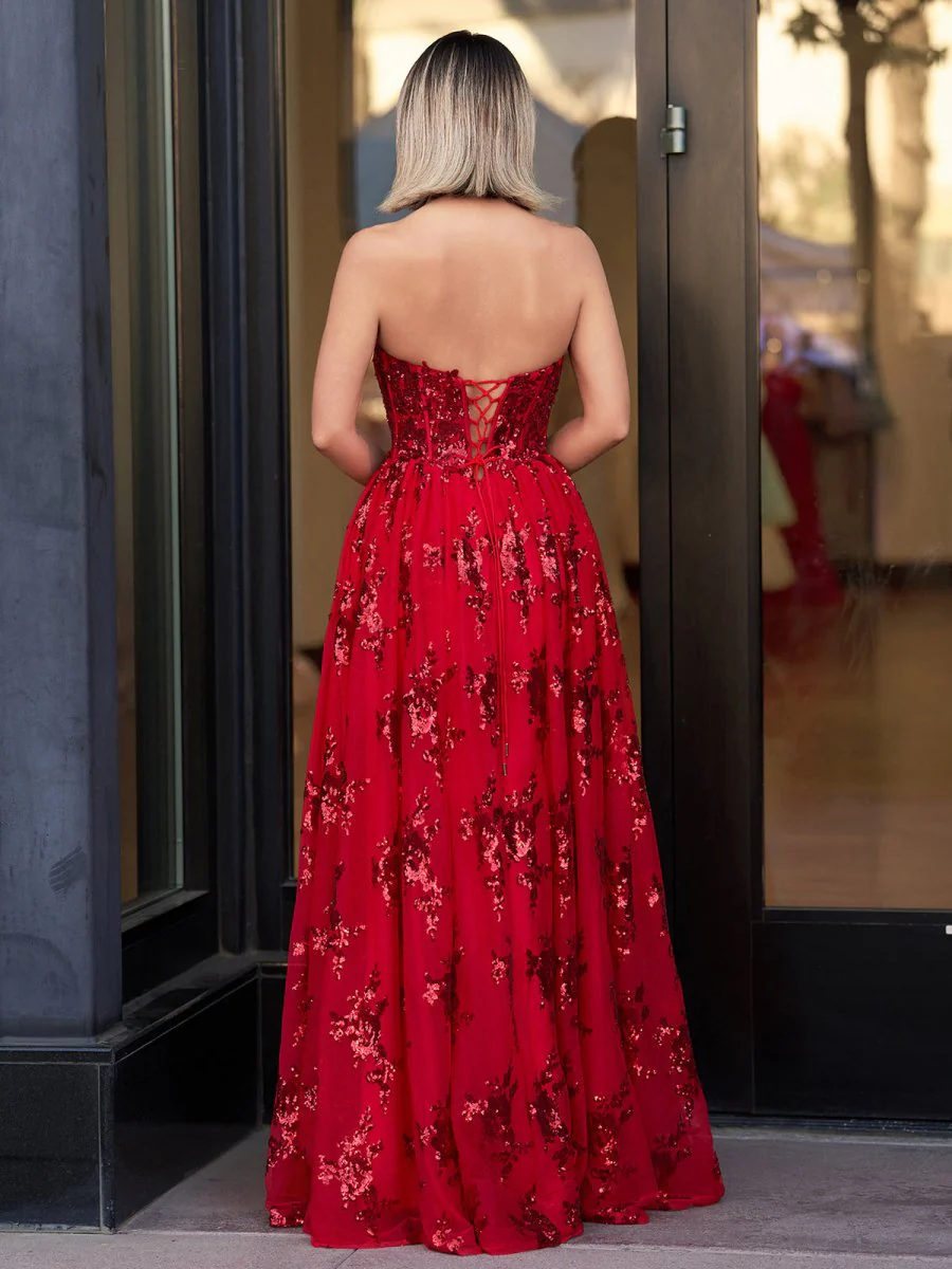Red - A Line Strapless Pleating Long Prom Dress With Applique
