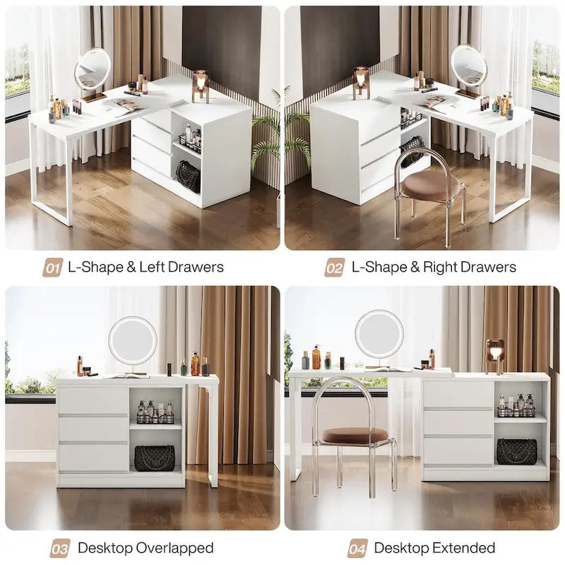 L-Shaped Vanity Desk with Drawers and Shelves, White