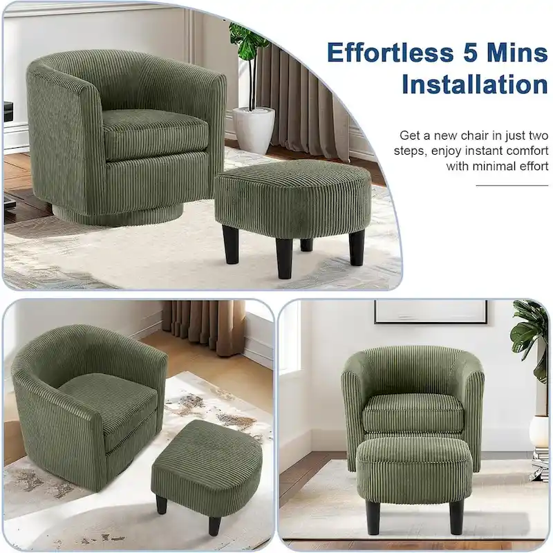 360 Swivel Accent Chair with Ottoman, Barrel Chair with Upholstered