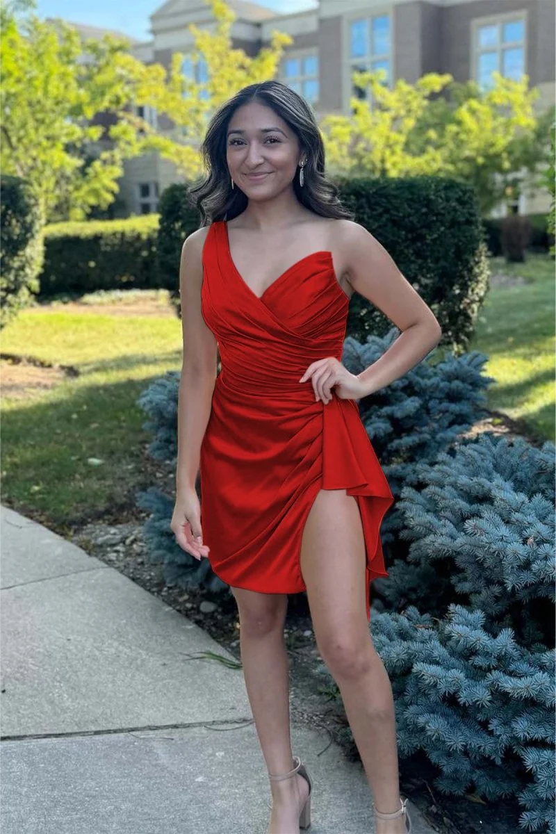 Red - One Shoulder Spandex Pleated Homecoming Dresses With Slit