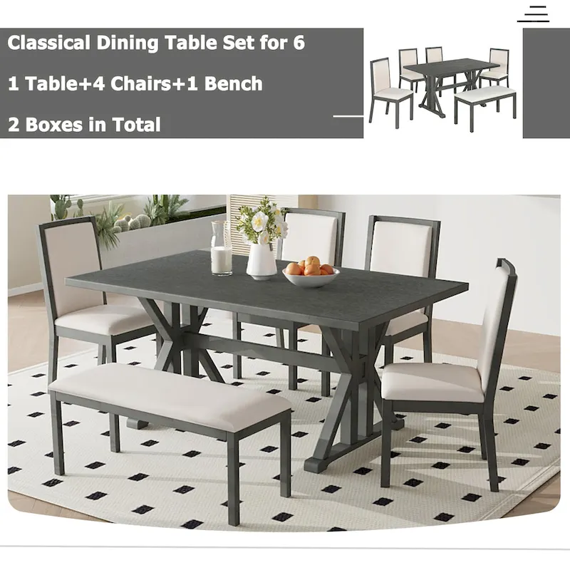 Farmhouse Style 6-Piece Dining Table Set with 4 Upholstered Dining Chairs and Bench
