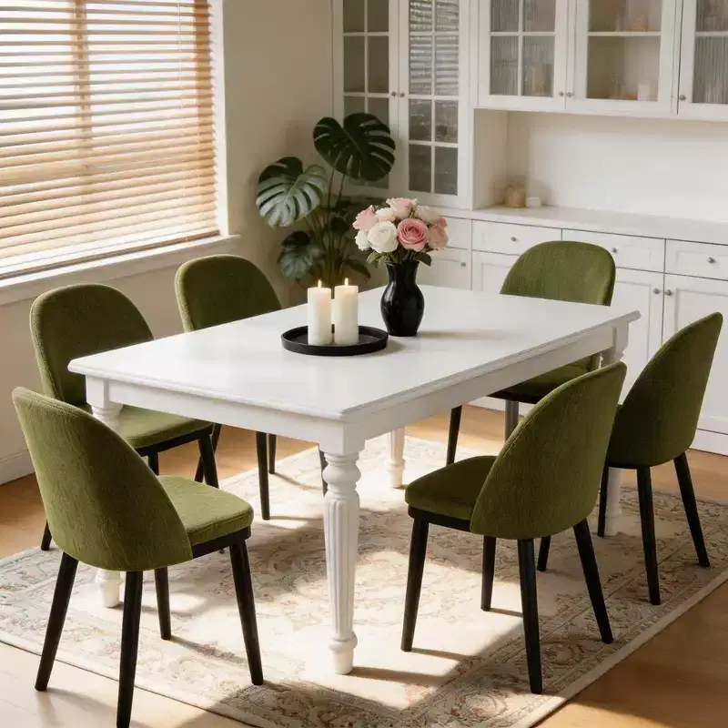 Mid Century Dining Chair Set of 6, Linen Upholstered Kitchen Chair with Thick Cushions Seat and Curved Backrest, Wood Frame Accent Chair