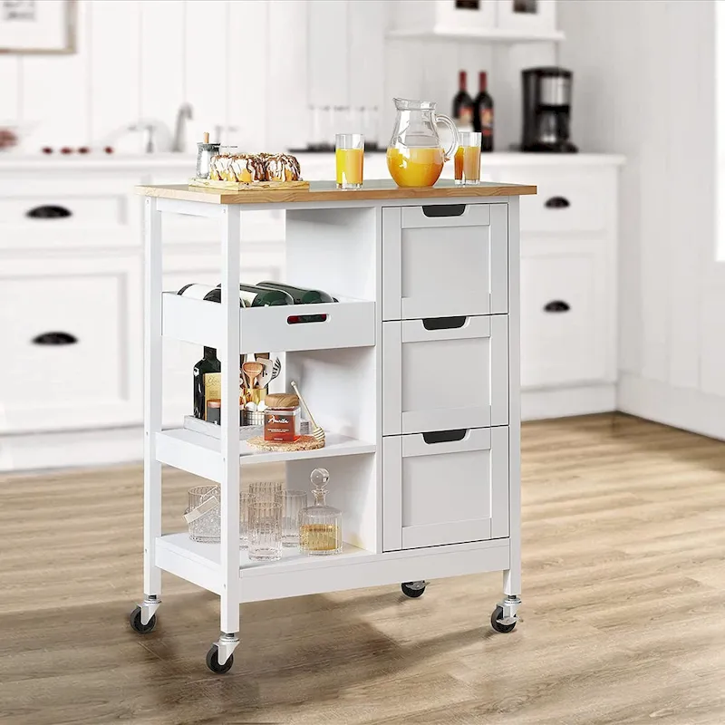 Kleio Solid Wood Top Kitchen Island Storage Cart with 3 Drawers Rolling Serving Trolley Cart