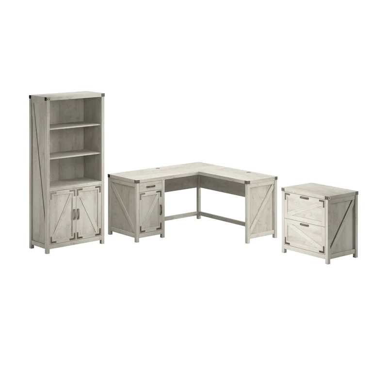 60W L-Desk with File Cabinet and Bookcase