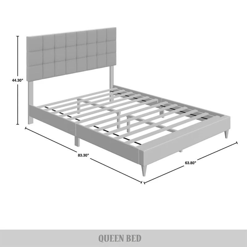 Beige / Light Grey / Black Linen Upholstered Platform Bed with Square Stitching Headboard – Twin / Full / Queen / King