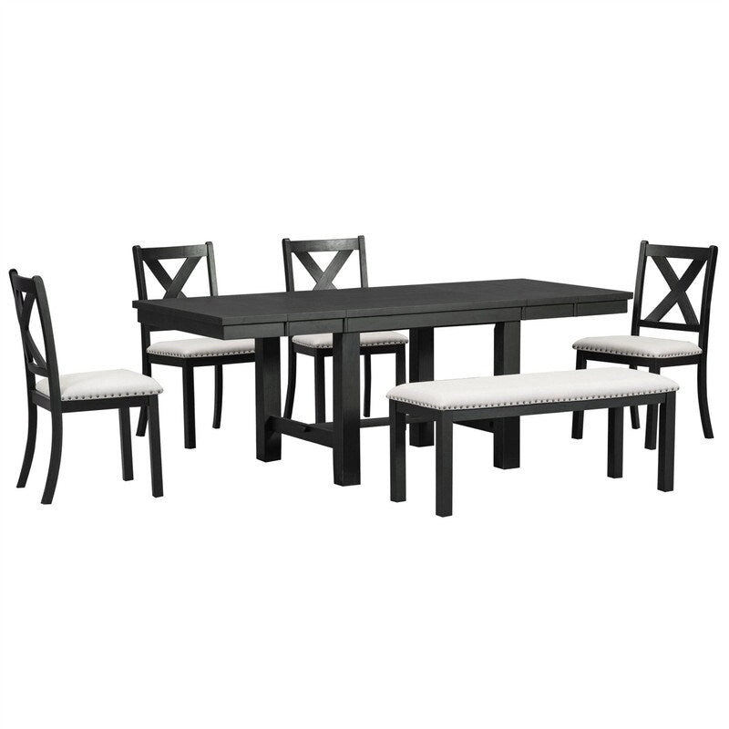 6-Piece Dining Kitchen Table Set, Extendable Wood Dining Table, 4 Upholstered Dining Chairs and Bench, Two 11 Removable Leaf