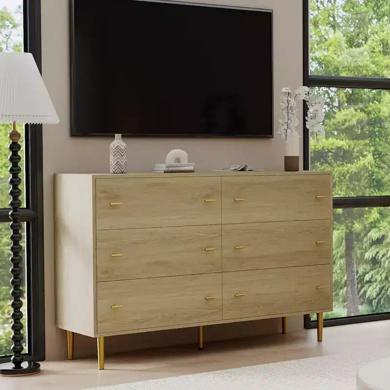 47.2 Wide 6-Drawer Dresser - Rustic Wood Chest with Bar Handles, 150 LBS Capacity, Vintage Design