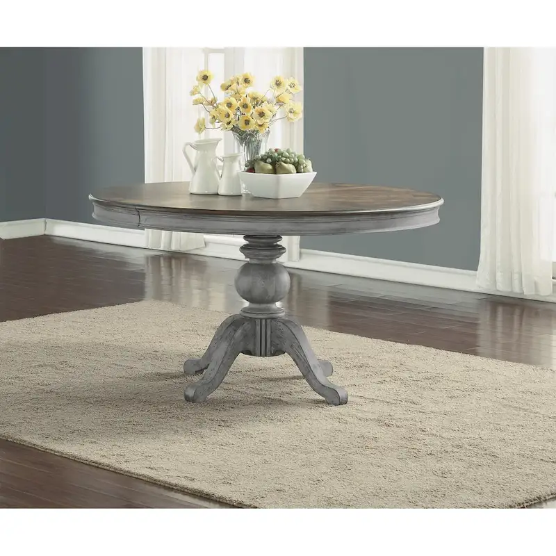 Gray and Brown Wood Pedestal Dining Table with Leaf - 54 Inch Expandable for 4-6 People