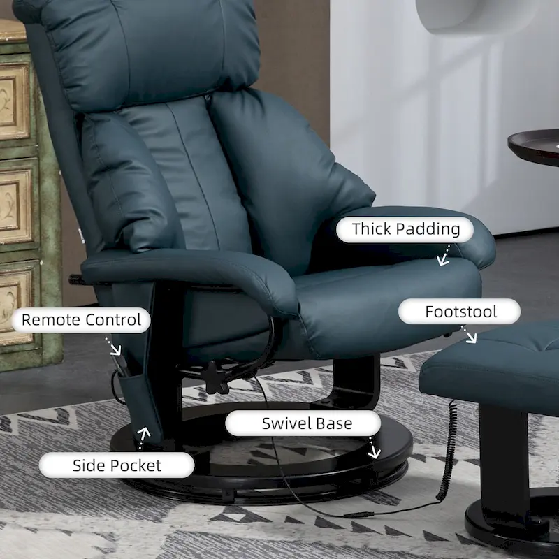 Gray Massage Recliner Chair with Footstool, 360° Swivel, Single Seat