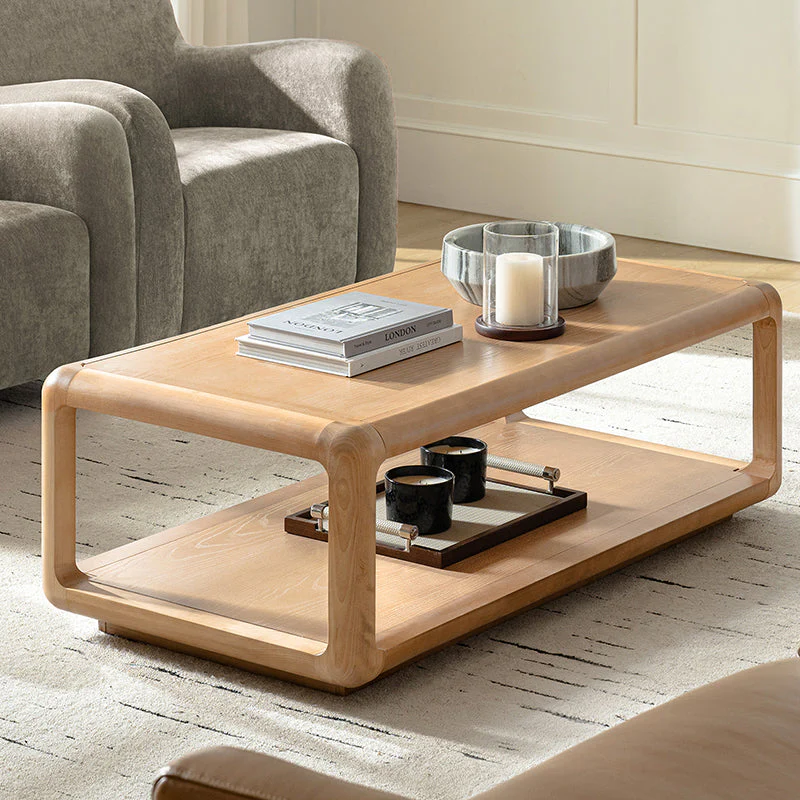 Solid Wood Coffee Table with Rounded Corners, Open Storage & Open Frame Base | Natural / Oak / Black | Single