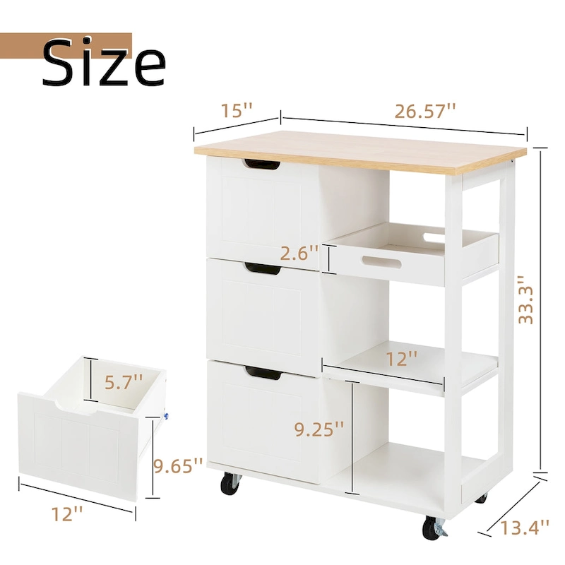 Futzca Kitchen Island Cart with 3 Open Shelves and 3 Drawers - N/A