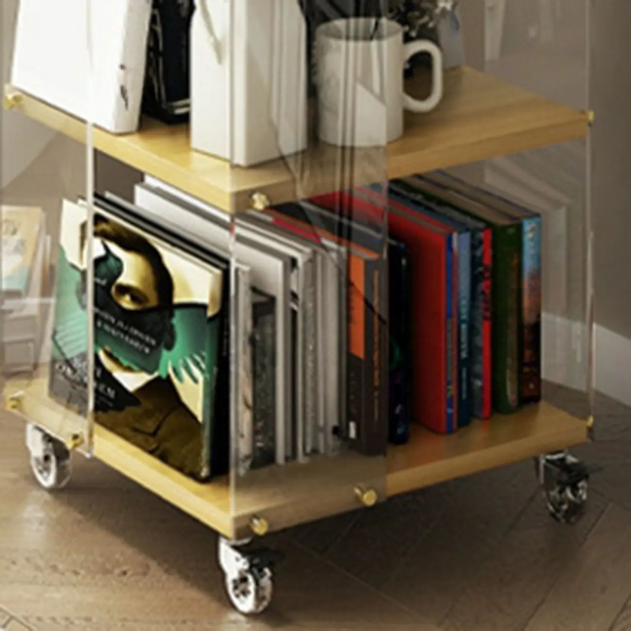 Acrylic 4-Tier Narrow Open Back Bookcase with Wheels