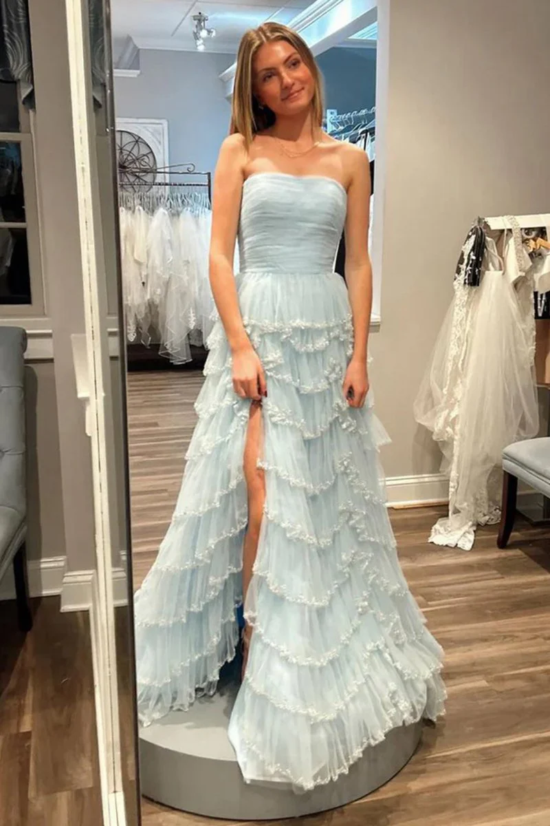 Sky Blue Strapless Layered Tulle Prom Dress with Sequins